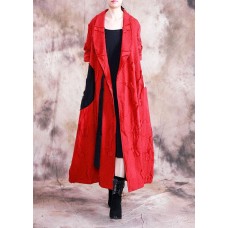 vintage trendy plus size long fall red turn-down collar tie waist coat