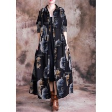 Fine casual long coat fall black print lapel Button Down Coats Women