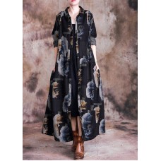 Fine casual long coat fall black print lapel Button Down Coats Women