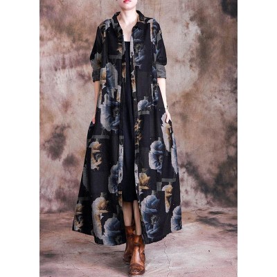 Fine casual long coat fall black print lapel Button Down Coats Women