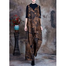 Women Coffee Button Patchwork Fall retro jumpsuit pants